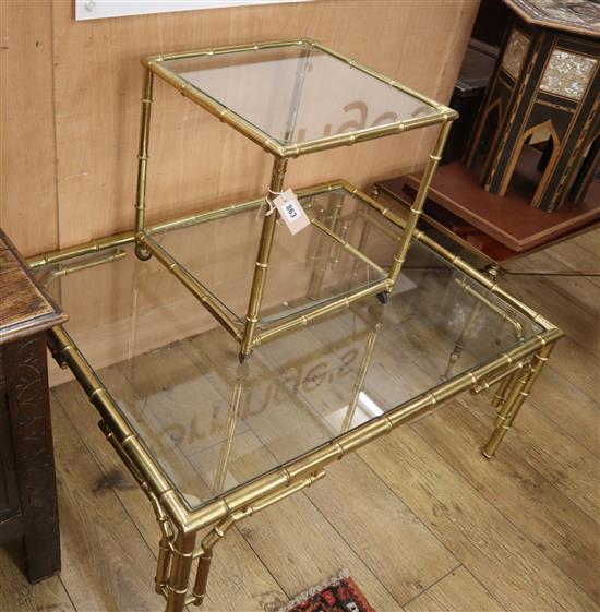 Two faux bamboo cast brass glass top coffee tables larger W.100cm